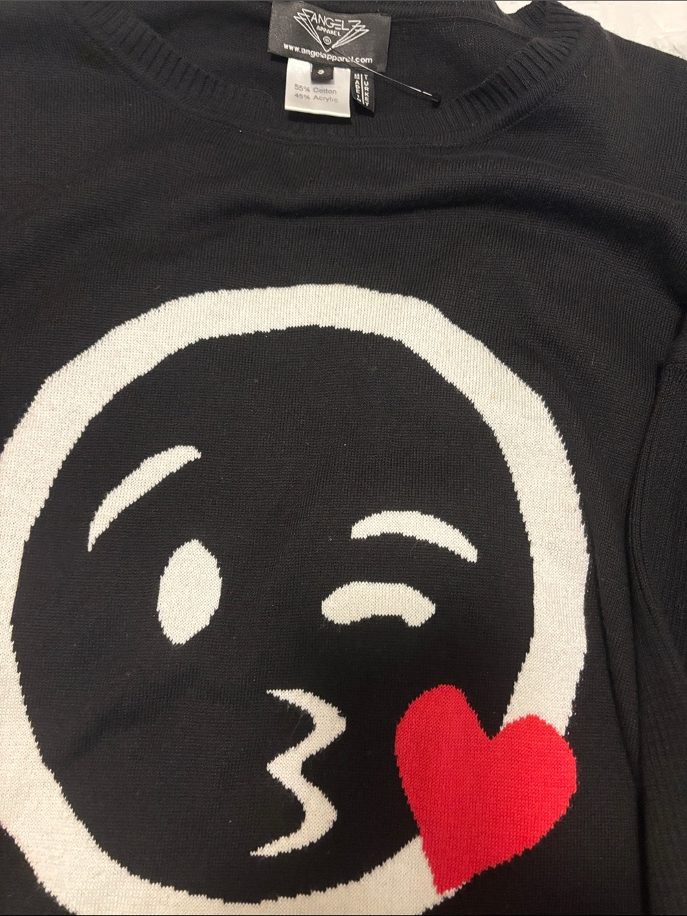 Black Kiss Emoji Crewneck Sweater with Red Heart - Angel Apparel